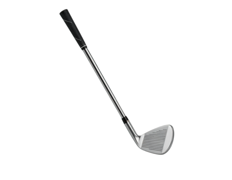 A silver golf club angled diagonally, the grip black, against a black background