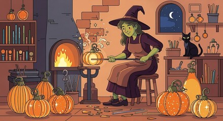 a halloween witch glassblower crafting a glowing glass pumpkin at a fiery furnace in her magical workshop evoking creative seasonal enchantment.