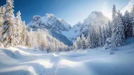 Snow-dusted mountain valley path under a brilliant blue sky