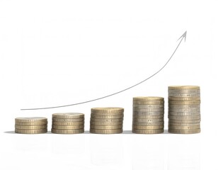 Stacks of coins arranged in ascending order, representing growth, with an upward-pointing arrow indicating progress and financial increase.