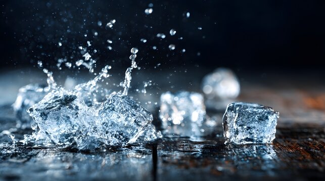 Sparkling ice cubes are depicted with droplets of water in a refreshing and dynamic visual composition, showcasing a vibrant moment of impact against a dark, blurred backdrop.