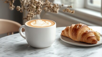 A cozy morning scene with a latte art coffee and a golden croissant on a marble table, complemented by soft floral accents.