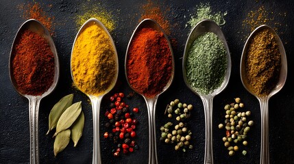 Diverse array of vibrant spices presented on antique silver spoons, arranged artistically against a dark, textured surface; each spoon is filled with a different aromatic ingredient; culinary...