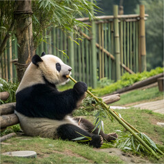 panda sitting and eating bamboo in zoo habitat