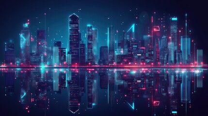Fototapeta premium Futuristic city skyline with vibrant neon lights reflecting on water