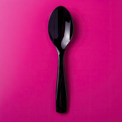 Glossy black spoon centered on a vibrant pink background