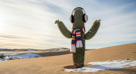 Playful winter scene of a cactus in bright scarf and earmuffs stands among snowy sand dunes, blending winter cheer with desert humor for Christmas vibes.