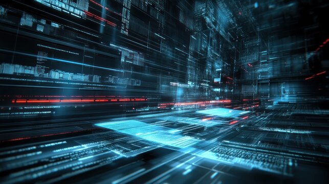 Digital tunnel with swirling code and screens - Powered by Adobe