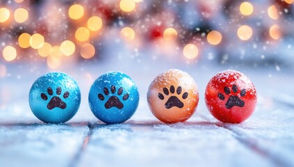 Paw print ornaments rest on snowy planks. Bokeh background