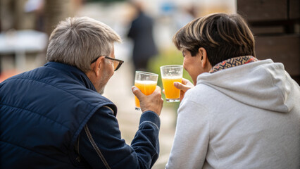 Elderly man woman toast sober party no alcohol party enjoying orange juice outdoor conversation friendly moment