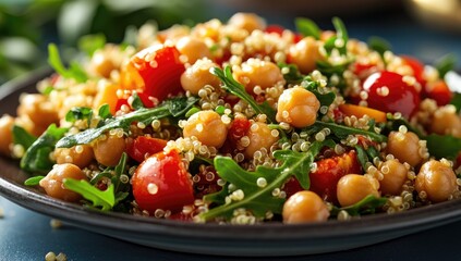 Quinoa salad with chickpeas, tomatoes and arugula on a plate
