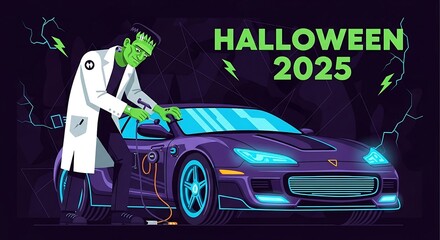 frankenstein and electric car for halloween 2025 a mad scientist charging his electric vehicle for a spooky halloween celebration perfect for holiday ads