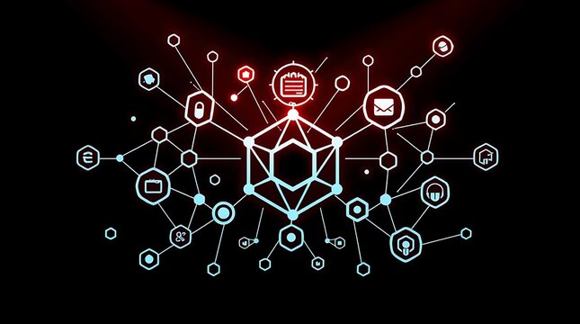 Abstract digital network with interconnected nodes and icons representing data, communication, and technology on a dark background.