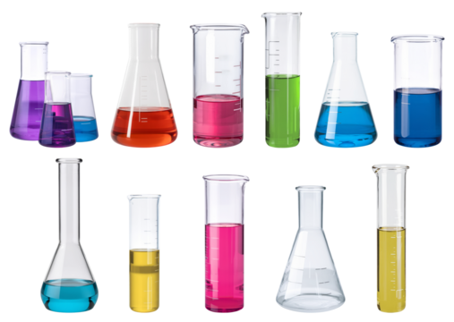 laboratory glassware with colored liquids on white background.