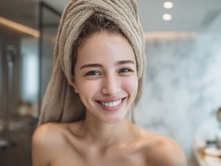 Woman smiling with towel on head skincare routine beauty treatment after shower