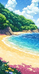 Beach scene with lush green hill and vibrant blue water