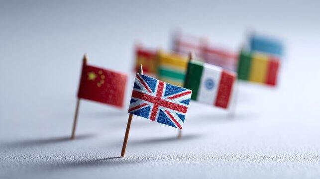 Toothpicks holding miniature paper flags from various countries symbolize global relationships, emphasizing diplomacy, cooperation, and cultural exchange on a textured white backdrop