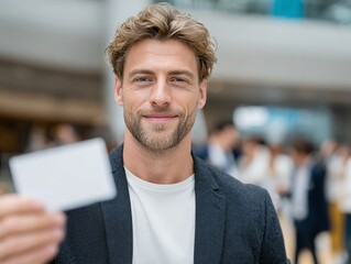 Handsome man holding card business professional networking event conference