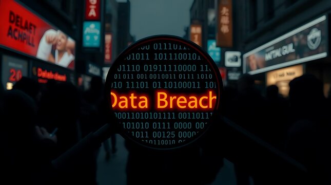 A magnifying glass reveals "Data Breach" in binary code over a bustling city crowd, symbolizing digital vulnerability and cybersecurity threats.