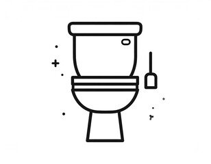 A minimalist line art illustration of a toilet with a toilet brush, presented in black and white.