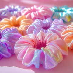 Pastel shimmering scrunchies arranged on light pink surface
