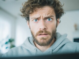 Man with surprised expression looking at computer screen at home office closeup