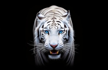Close - up of White Tiger with Blue Eyes: Visual Impact of Black and White Contrast