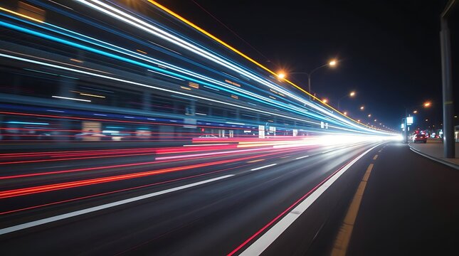 Long exposure shot of a busy highway at night, showing vibrant light trails from cars and streetlights, conveying speed and urban movement.