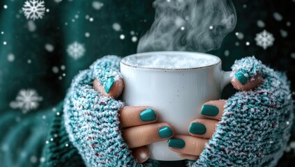 Hands in cozy gloves holding steaming mug