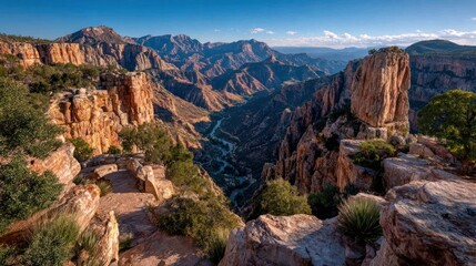 Obraz premium A grand view of layered rock walls and winding ravines, with orange and purple light painting the entire scene