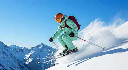 Professional skier carving fresh powder on a brilliant blue sky day, steep mountain landscape