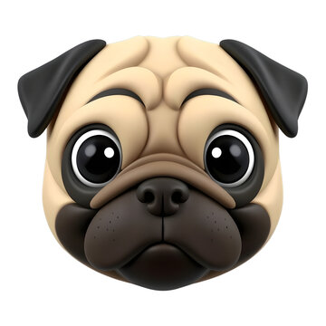 Adorable 3D Pug Dog Head with Big Expressive Eyes, Cute Pet Character