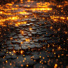Hexagonal tiles glow with scattered, golden light.