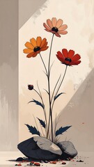 Three colorful flowers on rocks