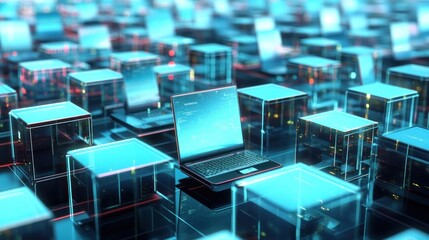 Abstract digital grid with transparent cubes and a laptop