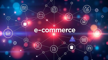 Digital e-commerce network concept with interconnected icons representing online shopping, security, and global business connectivity on an abstract background.
