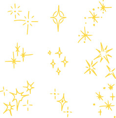 Bright glitter stars in hand-drawn doodle line art style with glowing sparkles. Vector illustration. Drawn with yellow curved lines in grunge style