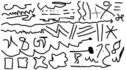 A collection of hand drawn abstract shapes and lines in black and white style