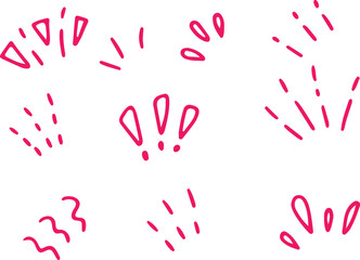 Fun doodles in pink colors: exclamation marks, squiggly lines, and decorative squiggles. Hand-drawn vector set to add a playful vibe. Drawn with pink curved lines in grunge style