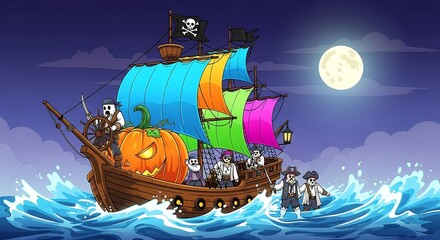Naklejka premium halloween pirate ship ghost captain skeleton crew giant glowing jack-o-lantern sails stormy night seas under a full moon a whimsical spooky fantasy adventure.