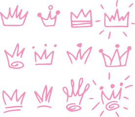 Doodle vector illustrations of hand-drawn crowns and royal tiaras in a sketch style. Drawn with pink curved lines in grunge style