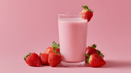 Delicious pink strawberry smoothie in a clear glass, garnished with a fresh strawberry, sits next to several ripe strawberries against a pastel pink backdrop, creating a refreshing and appetizing...