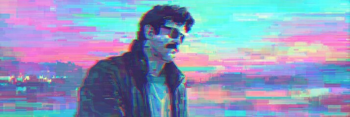 A man wearing sunglasses stands by the water, surrounded by a colorful, retro landscape at sunset, combining vibrant hues and digital aesthetics.