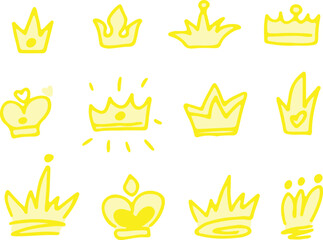 Crown and tiara doodle sketches set, hand-drawn vector style royal illustrations. Drawn with yellow curved lines in grunge style