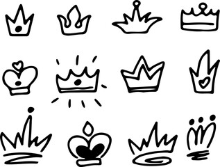 Hand-drawn royal crowns and tiaras in sketchy doodle style vector illustrations. Drawn with black curved lines in grunge style