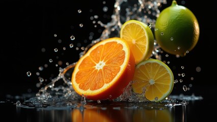 Sliced orange, lemon, and lime suspended in mid-air, with water droplets splashing around in stunning detail.