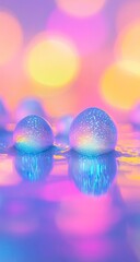 Iridescent droplets gleam on a reflective surface