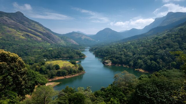 Majestic, high-angle view showcases a wide river winding through lush, verdant valleys embraced by towering mountains under a clear blue sky, exhibiting a vibrant, natural landscape of serenity and...
