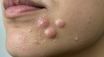 Fototapeta premium Close-up of acne on skin with soft focus showing blemishes on face 