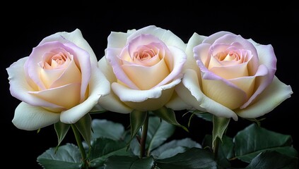 Three roses, ivory petals, faint pink tips